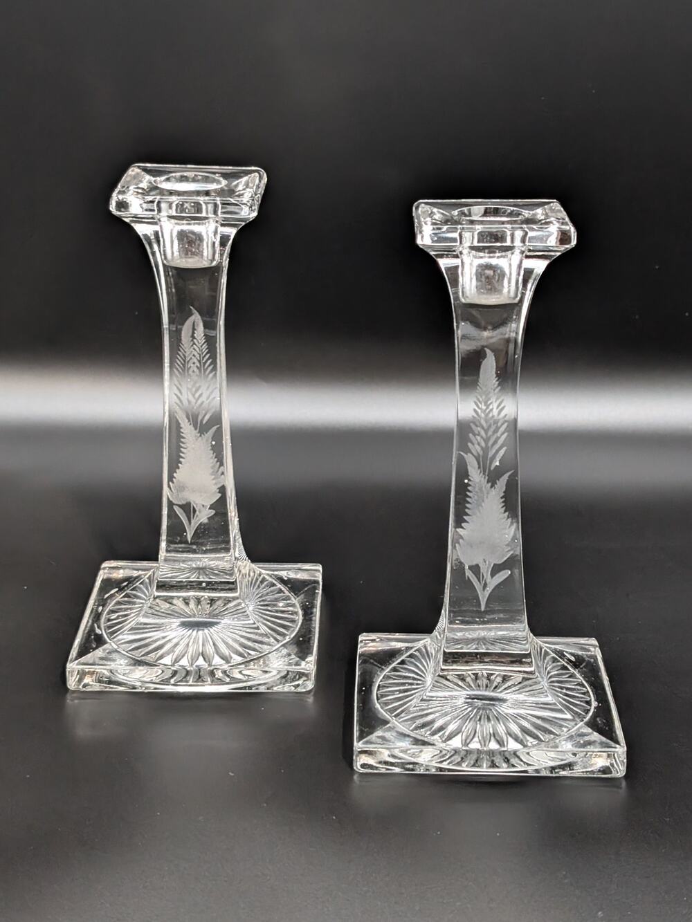 Vintage Etched Floral Fern Glass Candlestick Holders Pair Sunburst Square Base